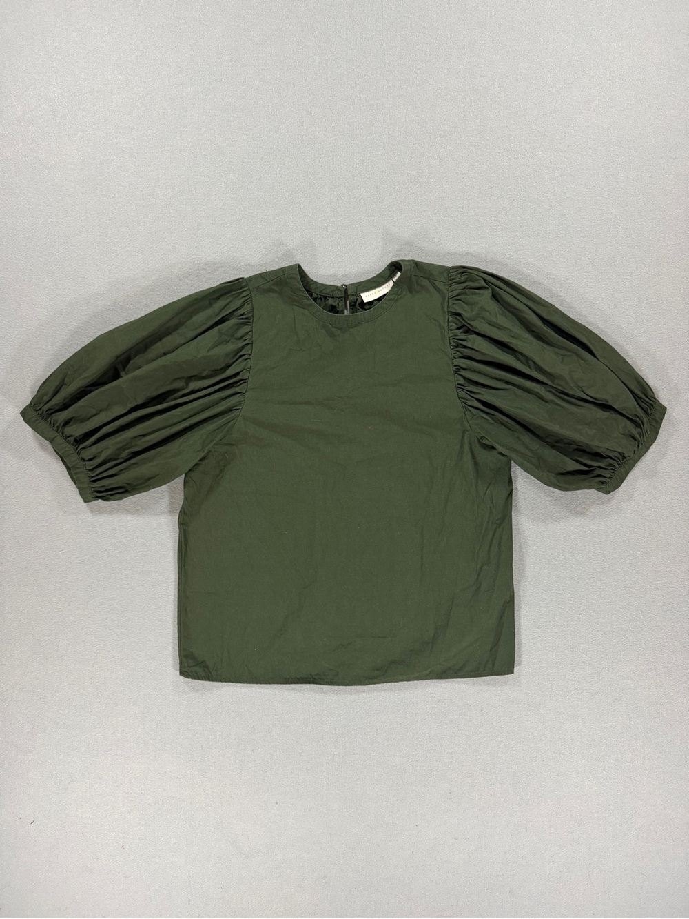Happy X Nature Olive Green Balloon Puff Sleeve Cotton Crop Blouse Size S